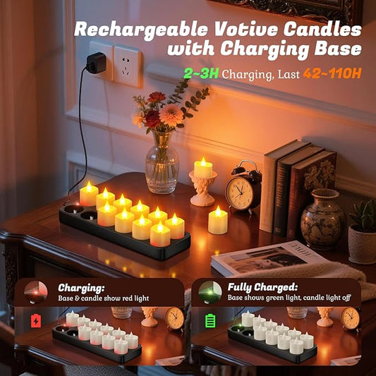 PChero Rechargeable Flameless Candles with Remote Timer & Charging Base, 12 Pack Votive Candles Battery Operated Tea Lights Flickering, LED Tealights for Home Wedding Halloween Fall Christmas Decor