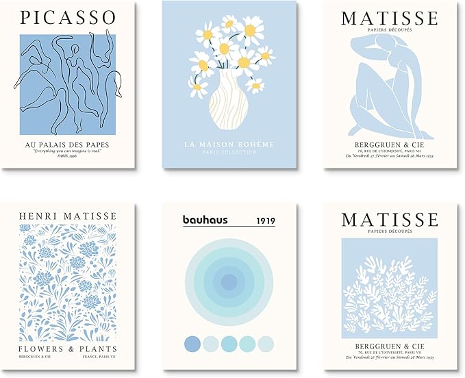 Habseligkeit Blue Matisse Wall Art Prints, Retro Abstract Wall Decors for Room Aesthtic, Flower Market Posters for Bedroom Decor Unframed, 8X10in, Set of 6