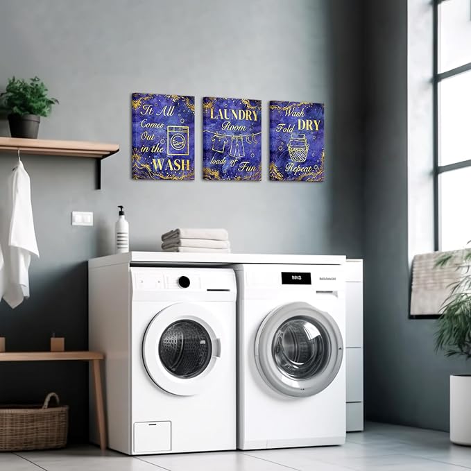 sechars Laundry Room Wall Art Wash Dry Fold Laundry Sign Painting Canvas Prints Purple and Gold Bathroom Laundry Decor (Purple)