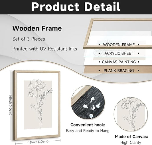 Neutral Botanical Prints Wall Art Flower Minimalist Canvas Wall Decor Vintage Line Wall Art Floral Plant Painting Pictures Beige Boho Artwork Farmhouse Poster for Bedroom 12x16x3 Inch Wood Framed