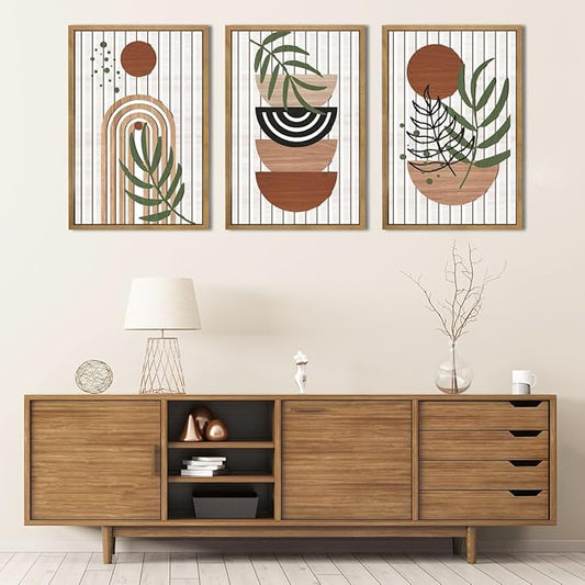 DRACIT Large Boho Mid century Wood Framed Canvas Wall Art Set,Modern Neutral Bohemian Wooden Wall Decor,Minimalist Abstract Geometric Leaf Wall Sculptures for Living Room,Bedroom,Office-16 x24×3