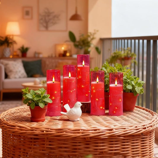 kakoya Flameless LED Candles with Timer 9 Pc Flickering Flameless Candles for Romantic Ambiance and Home Decoration Stable Acrylic Shell,with Embedded Star String,Battery Operated Candles(Pink)