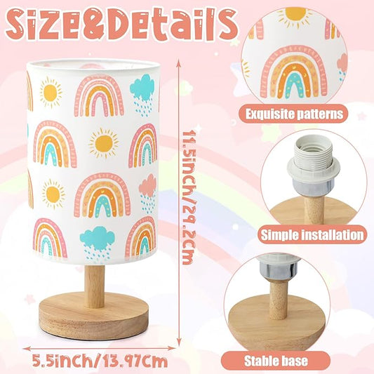 Rainbow Table Lamp for Kids Bedroom - Boho Rainbow Kids Bedside Lamp with Linen Wooden Nightstand Cartoon Nursery Lampshade for Girls Room Decor