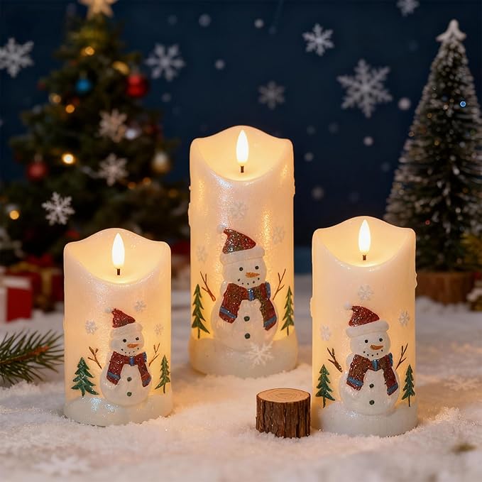 Snowman Flameless Candles Battery Operated with Remote and Timer Real Wax 3D Wick Flickering LED Pillar Candles Color Painted Carved Snowflake Christmas Holiday Decor(3" D x 5", 6", 7" H)