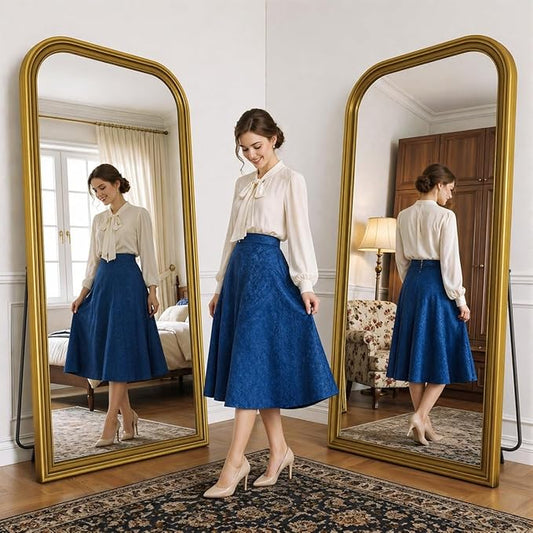 Full Length Mirror with Stand, 71"x32" Full Body Mirror, Floor Length Mirrors Wall Mounted with Rounded Top, Large Standing Mirrors, PU Frame, for Bedroom Living Room Cloakroom, Antique Gold