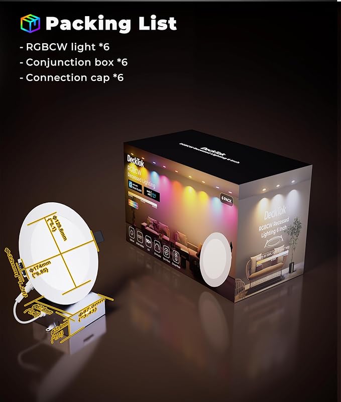 Smart Recessed Lighting 6 inch, 16 Million Colors, 1200LM, Wi-Fi Bluetooth Direct Connect RGBCW Canless Recessed Lighting with Junction Box with Alexa & Google Assistant for Whole Home Lighting,6-Pack