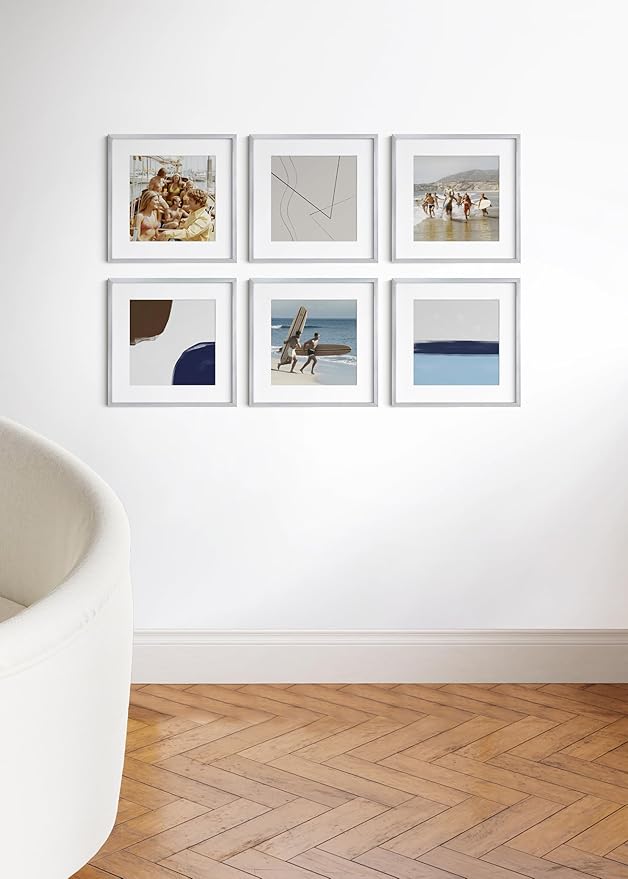 HAUS AND HUES 16x16 Silver Metal Picture Frames Matted to 12x12 - Premium Aluminum with Hanging Hardware, Shatterproof Plexiglass - Ideal for Home or Office (16x16 in, Silver, Set of 6)
