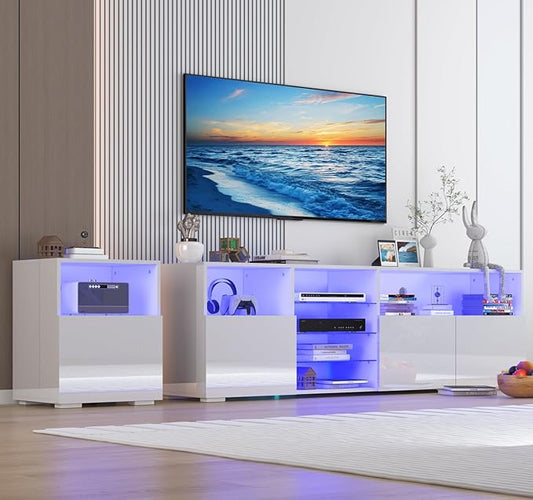 jiteentarou 79IN LED TV Stand for 75/80/85inch TV,High Glossy Modern TV Stand for Living Room,TV Entertainment Center with Adjustable Storage Shelf,RGB LED Lighting,TV Console(White)