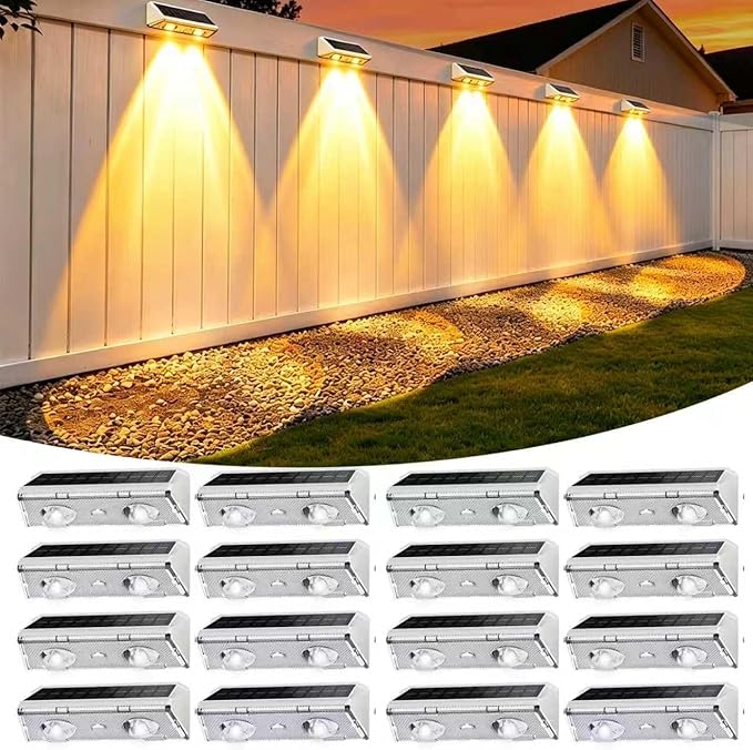 Solar Fence Lights Outdoor, 16 Pack IP65 Waterproof Fence Lights Solar Powered with Ultra-Bright LED Lens, 9 Color Modes, 12+ Hours Steady Glow for Deck/Backyard/Patio/Pool/Wall - White