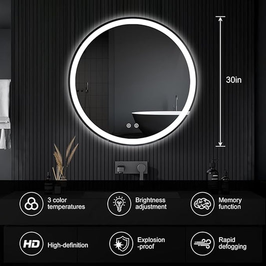 DUMOS 30 Inch Round LED Bathroom Mirror with Lights, Circle Vanity Mirror with Anti-Fog, Dimmable, 3-Color Light, Front Light and Backlit, Memory Function, Tempered Glass