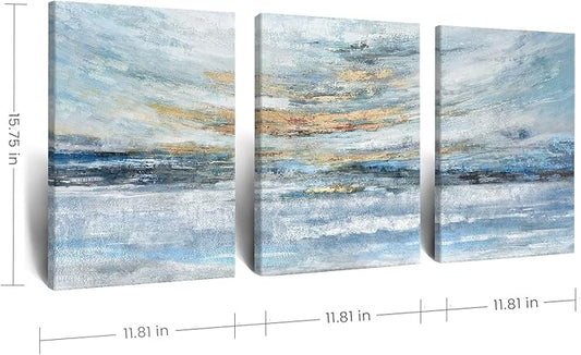 Abstract Canvas Wall Art for Bedroom 3 Piece Ocean Painting Coastal Theme Artwork Blue and Yellow Sunset & Sunrise on the Beach Seascape Picture for Bathroom Living Room Light 12x16inchx3 panel