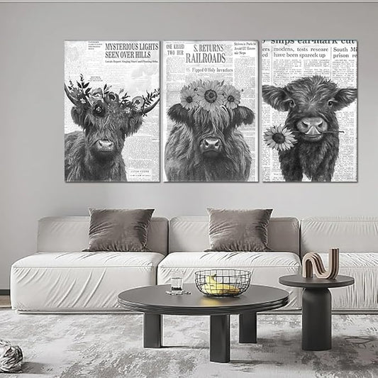 Black and White Highland Cow Canvas Wall Art 3 Panel Rustic Floral Highland Cow Poster Wall Decor Vintage Funny Farm Animal Artwork for Country Apartment Living Room Hotel Decoration 24x36inchx3pcs