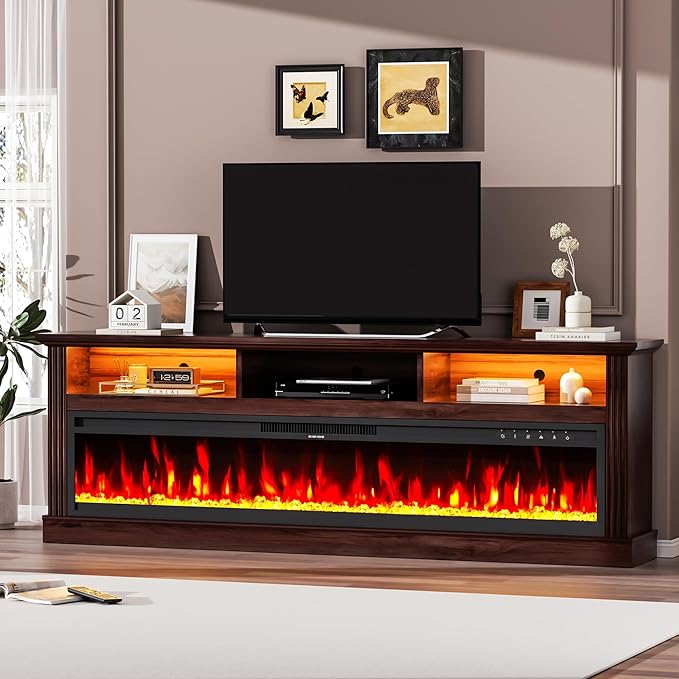 58" Fireplace TV Stand, TV Stand with 52" Fireplace, LED Light Entertainment Center with Storage Cabinets, Modern Media TV Console TV Table for Living Room, Brown
