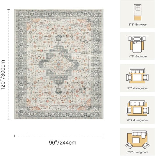 Rugxara 8x10 Washable Area Rug for Living Room, Vintage Neutral Extra Large Boho Rugs for Office, Kids Room, Farmhouse, Durable Low Pile Non Slip Carpet for High Traffic Areas, Taupe