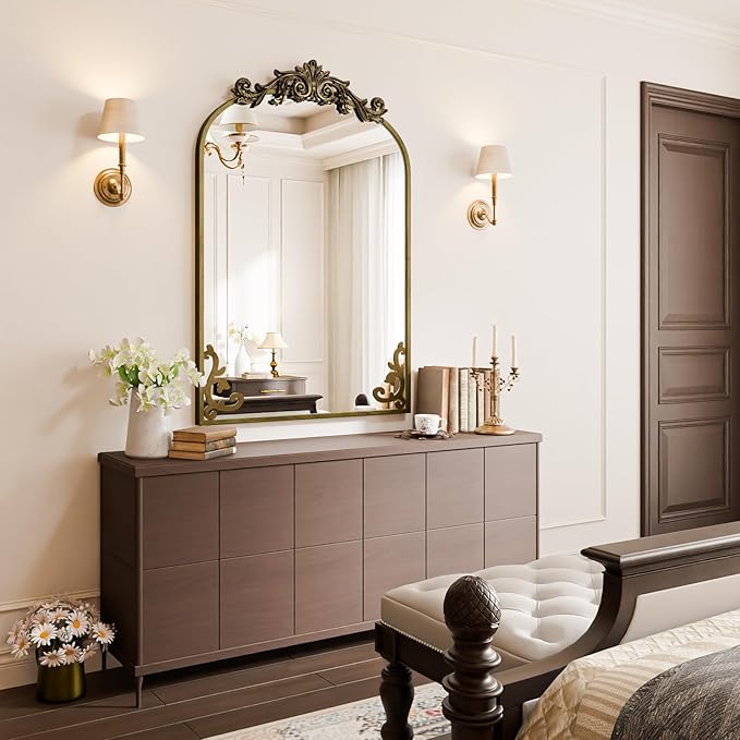 Koonmi Vintage Mirror, 26x38 Wall Mounted Vanity Mirror, Tempered Glass, Detachable Flower Head, Bronze Antique Decorative Mirror for Bathroom Entryway Fireplace Living Room Hallway