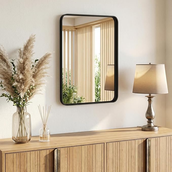 OLIXIS Bathroom Mirror for Over Sink, 30x22 Inch Wall Rounded Rectangle Mirror with Matte Metal Framed, Modern Wall Mount Vanity Mirror for Home Decor, Living Room, Black