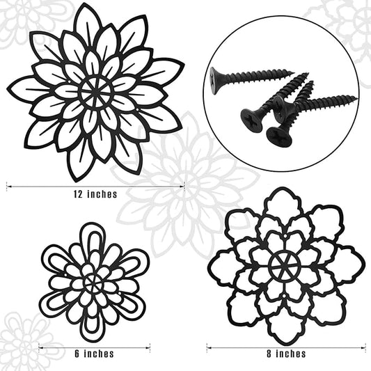 Moxweyeni 3 Pieces Metal Flowers Wall Decoration, Metal Rustic Wall Art Farmhouse Multiple Floral Hanging Decoration for Bathroom Living Room Kitchen Garden Office(Black)