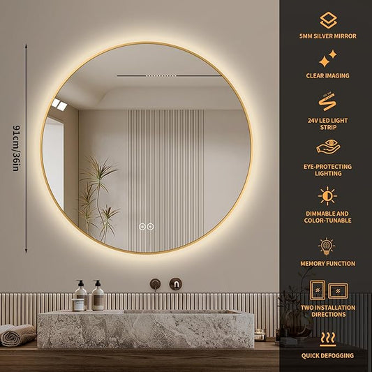 LAIYA 36 Inch Round LED Bathroom Mirror with Lights, Gold Aluminum Frame, Anti-Fog Dimmable Backlit Vanity Mirror, 3 Color Temperature, Memory Function, Wall Mounted Lighted Bathroom Mirror