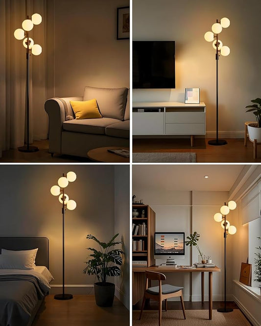 Lightdot 5-Globe Dimmable Globe Floor Lamp Black Retro Standing Lamps with 3000K Bulbs Brightness Adjustable Mid Century Modern Floor Lamp with 5Lbs Heavy Base for Living Room/Bedroom/Sofa Beside