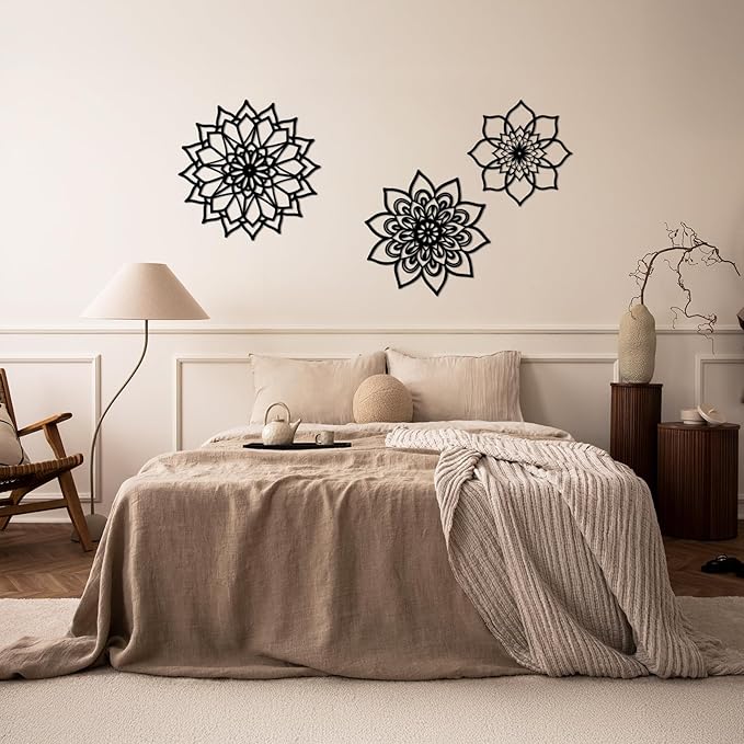 Sanwarm 3 Pieces Metal Flowers Wall Decor, Black Wall Art Decors Sunburst Mandala Bohemian Minimalist Hanging Decoration for Home Bathroom Living Room Bedroom Garden Office Housewarming Gifts