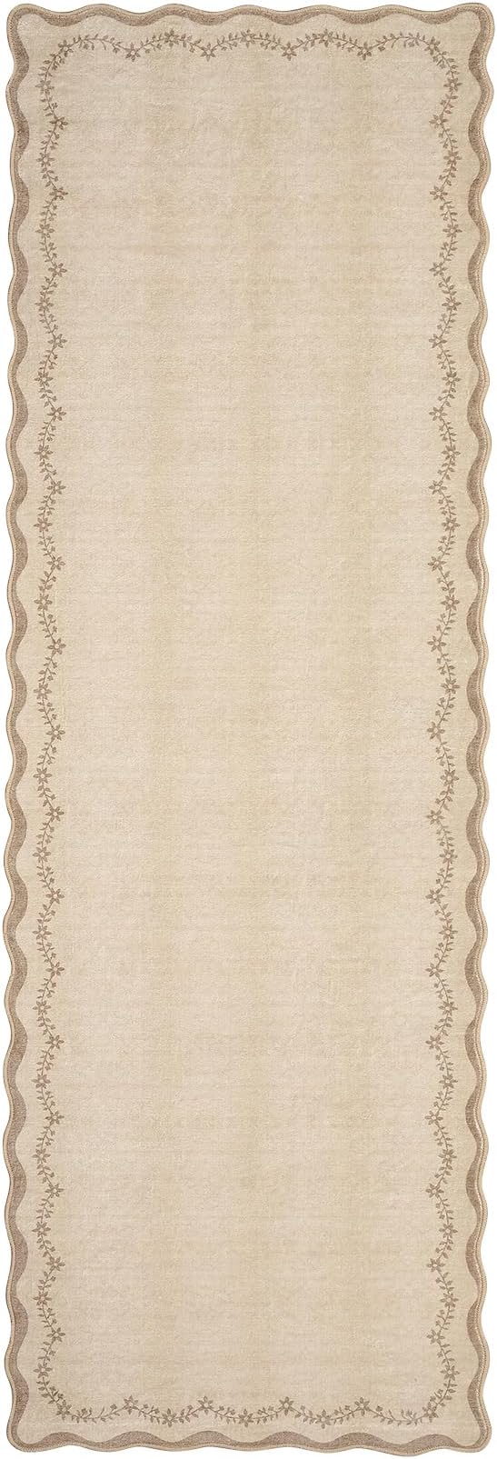 GarveeHome 2.6x10 Scalloped Washable Runner Rug for Kitchen, Soft Jute Long Hallway Runner Non Slip Entryway Rug Farmhouse Thin Laundry Mat Stain Resistant Carpet for Bathroom Beside Rug