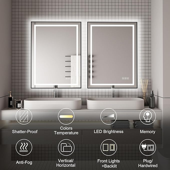 20x28 inches Rectangular Aluminum Black Framed LED Mirror, Smart Bathroom Mirror with Lights, Anti-Fog, Tempered Glass, 3 Colors Dimmable, Front and Backlit, Wall Mounted, Memory