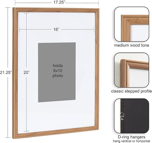 Kate and Laurel Adlynn Rectangle Picture Frame Set of 3; 16 x 20 matted to 8 x 10; Brown; Transitional Three-Piece Frame Set for Gallery Wall Frame Set in Living Room Wall Decor