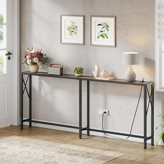 Gewudraw 70" Sofa Tables Narrow Long, Behind Couch Table with Oulets & USB Ports, Industrial Long Skinny Stand for Entryway,Hallway, Living Room, Bedroom 7.9" D x 70" W x 30.3" H