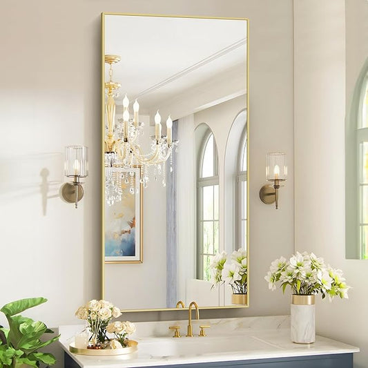 COFENY 48x24In Gold Bathroom Mirror for Wall, Brushed Gold Rectangle Mirrors with Metal Frame, Bathroom Rectangular Mirror Modern Wall Mirror for Bedroom Living Room, Hangs Horizontal or Vertical
