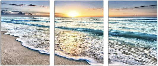 TutuBeer 3 Panel Beach Canvas Wall Art for Home Decor Blue Sea Sunset White Beach Painting the Picture Print on Canvas Seascape the Pictures for Home Decor Decoration,Ready to Hang