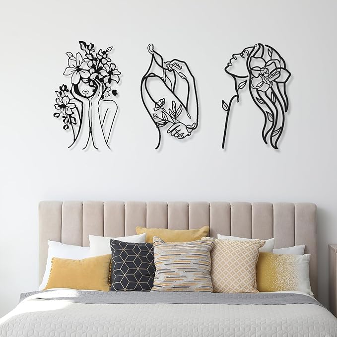 Photect 3 Pcs Metal Wall Art Decor Minimalist Abstract Woman Wall Art Metal Modern Line Drawing Decor Female Single Line Home Hanging for Bedroom Bathroom Living Room Housewarming(Stylish,Black)