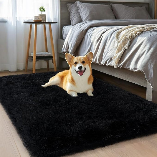 qulint Black Rug for Bedroom, 2x3 Small Area Rugs for Boys Room Soft Shag Fuzzy Rug for Living Room, Plush Shaggy Alfombras for Kids Boys and Girls Dorm Kid Room Home Decor (2ft x 3ft, Black)