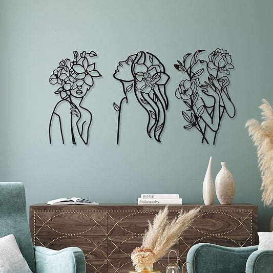 Photect 3 Pcs Metal Wall Art Decor Minimalist Abstract Woman Wall Art Metal Modern Line Drawing Decor Female Single Line Home Hanging for Bedroom Bathroom Living Room Housewarming(Elegant,Black)