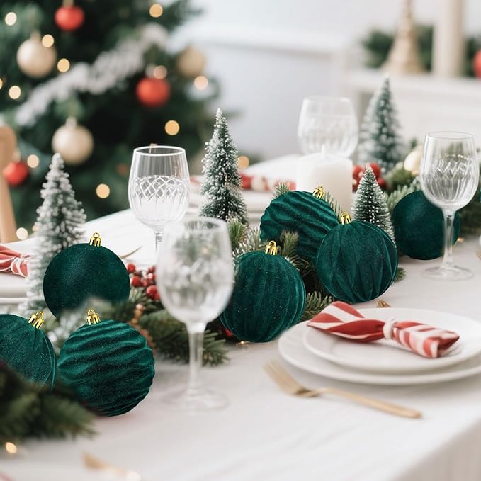 Liliful 12 Pcs Velvet Christmas Ornaments Balls, 4 Inch Flocked Plastic Christmas Tree Ball Shatterproof Hanging Ornaments Decorations for Xmas Tree Vintage Holiday Rustic Home Decor(Dark Green)