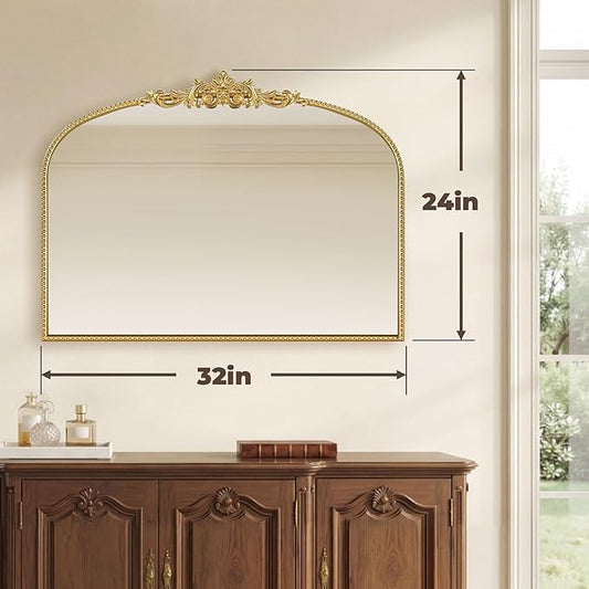Gold Vintage Mirror 32x24 Inch, Laurel Leaf Ornate Beaded Frame Decorative Vanity Mirror, Antique Style Horizontal Bathroom Mirror for Living Room, Entryway,Dresser, Mantle