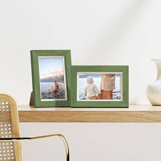 Vittanly 4x6 Picture Frames Set of 9, Display 3.5x5 Pictures with Mat or 4x6 without Mat, Photo Frames for Wall or Tabletop with Plexiglass, Engineered Wood, Rustic Green