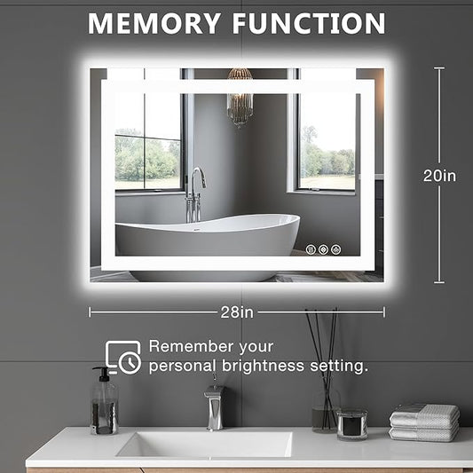 DUMOS 20.1"x28.1" LED Bathroom Mirror, Smart Anti-Fog Bathroom Vanity Mirror with Front Light & Backlit, 3 Color Temperatures, Dimmable, Memory Function