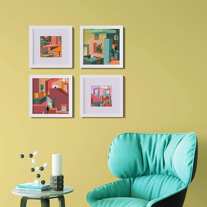 Egofine 11x11 Picture Frames 4 PCS, Made of Solid Wood Covered by Plexiglass for Pictures 4x4/8x8 with Mat for Table Top Display and Wall Mounting Square Photo Frame White