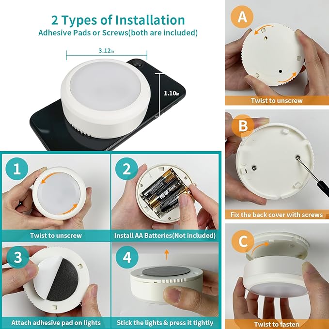 LEASTYLE Puck Lights with Remote,Battery Operated Under Cabinet Lighting with Dimmable Timer, 3000K Stick-On Closet Light Under Counter Lights for Kitchen(White,3 Pack)