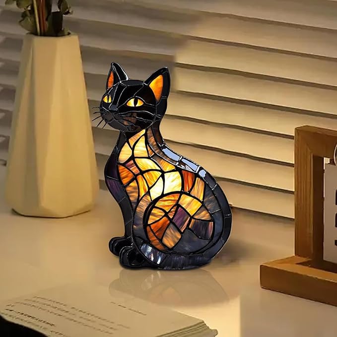 New Series Cat Desk Lamp, Lamps for Night Stands, Stained Resin Art Tabletop Light, Cute Pet Cats Themed Led Table Lamps, Creative Animals Table Lamp, Fun Gift for Cat Lovers (B)