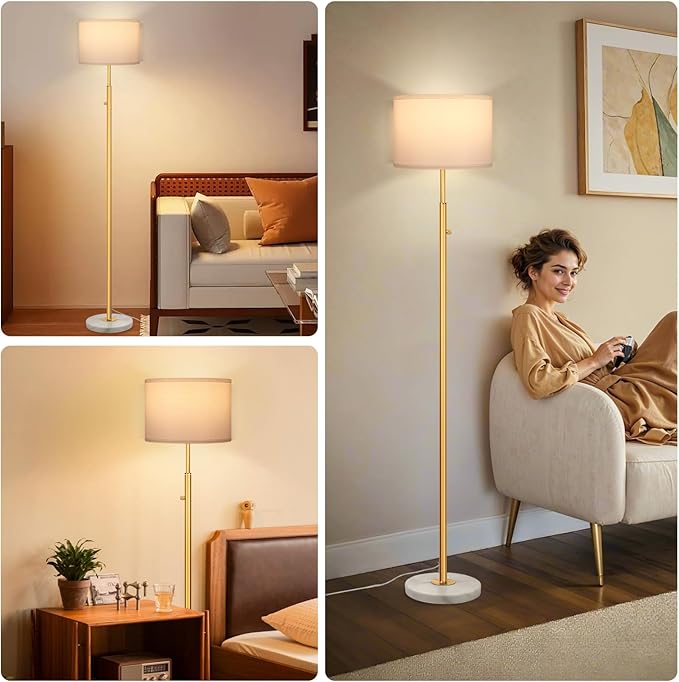 Gold Marble Floor Lamp, Dimmable 63.7" Tall Pole Standing Lamp with White Linen Shade, Modern Floor Lamp for Living Room Bedroom Office, Stepless Dimming, LED Bulb Included