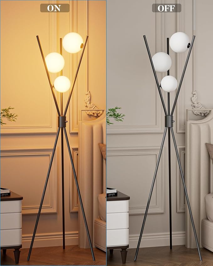Lightdot 60IN Dimmable Black Tripod Floor Lamp Mid Century Standing Lamps with 3Pcs 3000K Bulbs Included Eye Care&Stable Base Modern Tall Lamp for Living Room/Sofa Beside/Corner Decor
