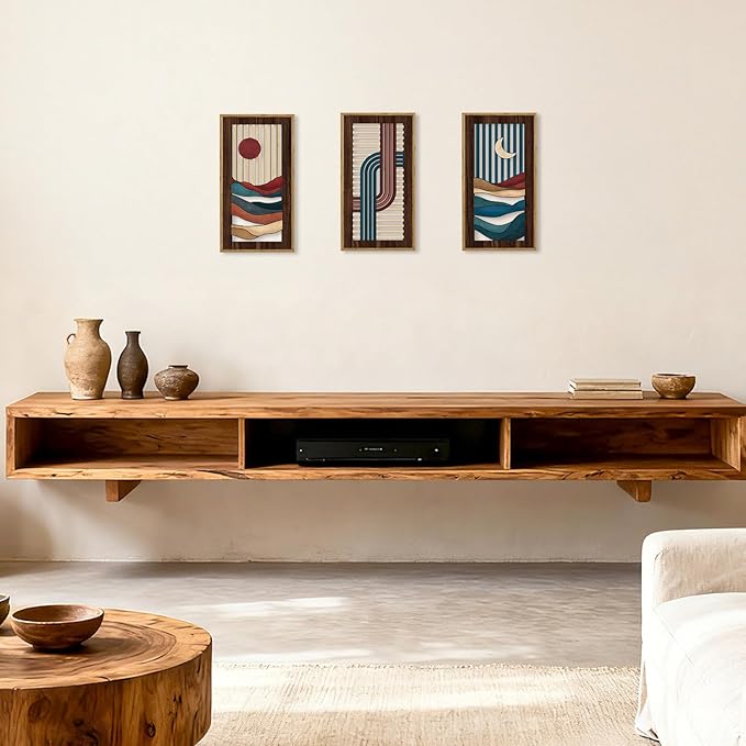 HPNIUB 3PCS Boho Abstract Wood Wall Art, Modern Geometric Artwork Bohemian Sun and Moon Wall Decor, Rustic Minimalist Line Mid-century Hanging Decor for Living Room Bedroom Apartment(8x16Inch)