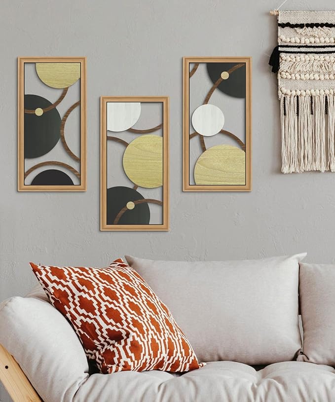 Putuo Decor Modern Geometric Cut-Out Wall Art Set of 3, Black Gold Circle Wall Panels for Living Room Bedroom Office, 3D Layered Abstract Metal Look Wall Decor