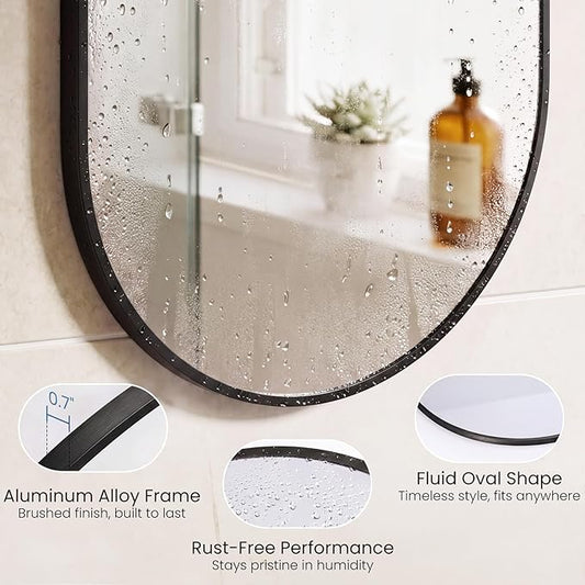 Sweetcrispy 20" x 30" Black Bathroom Mirror for Wall, Oval Wall Mirror with Metal Frame, Tempered Glass, Modern Vanity Mirror for Over Sink, Living Room, Bedroom, Entryway, Horizontal or Vertical