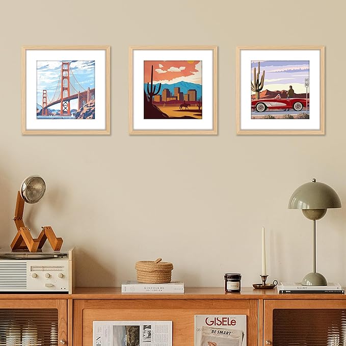 FIXSMITH 12x12 Picture Frame Natural Set of 2, Photo Frame with HD Plexiglass, Display Pictures 8x8 with Mat or 11x17 Without Mat, Gold Picture Frames Collage Wall Decor, Gallary Wall Frame