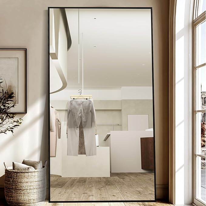 Beauty4U 79" x 39" Full Length Mirror with Stand, Large HD Tempered Glass Floor Mirror, Wall Mounted/Leaning/Standing, Black Metal Frame Full Body Mirror for Bedroom, Living Room, Dressing Room