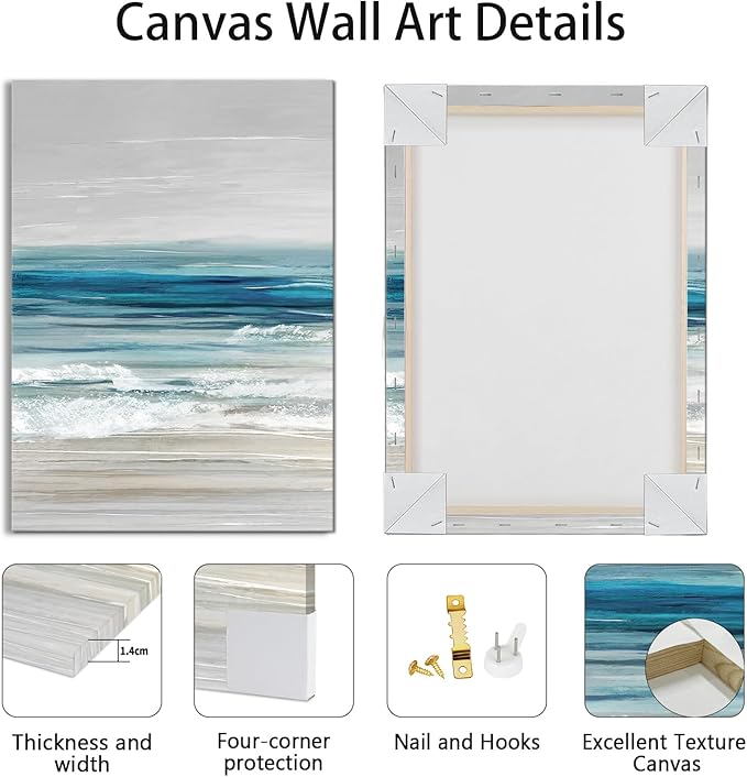 WENGTIAO Abstract Ocean Wall Art Set of 3 Blue Beach Canvas Paintings Minimalist Coastal Prints Pictures Sail Boat Home Decor Seascape Artwork for Living Room Bedroom Hallway 16”x24”x3Pcs
