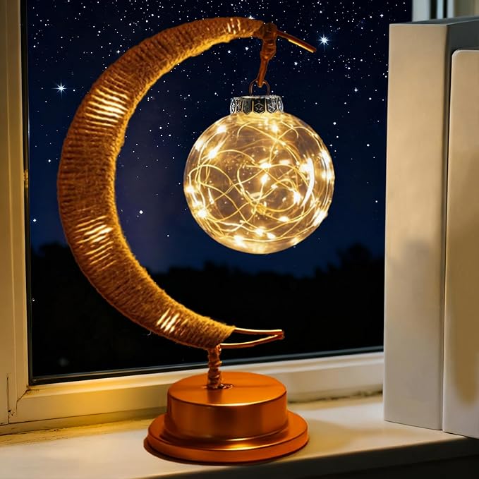 Ramadan Decorative Crescent Moon Table Night Light with Hanging Ball Battery Operated Lighting Suitable for Home Bedroom Shop Dining Holiday Party Eid Festival Lights (HGmoon-Ball)