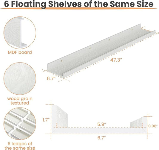 upsimples Floating Shelves for Wall, 47.3 Inch Shelves for Decor Storage Set of 6, Wall Mounted Wood Shelf for Bedroom, Living Room, Bathroom, Kitchen, Long Picture Ledge Shelves, White